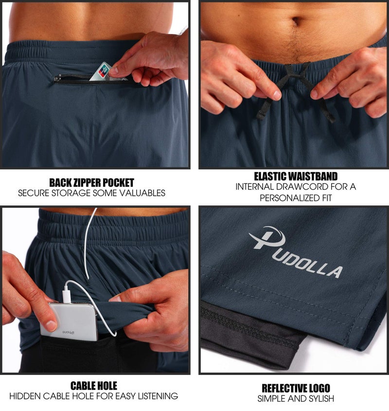 Pudolla Menâ€™s 2 in 1 Running Shorts 7" Quick Dry Gym Athletic Workout Shorts for Men with Phone Pockets(Navy Blue Large) - Image 5
